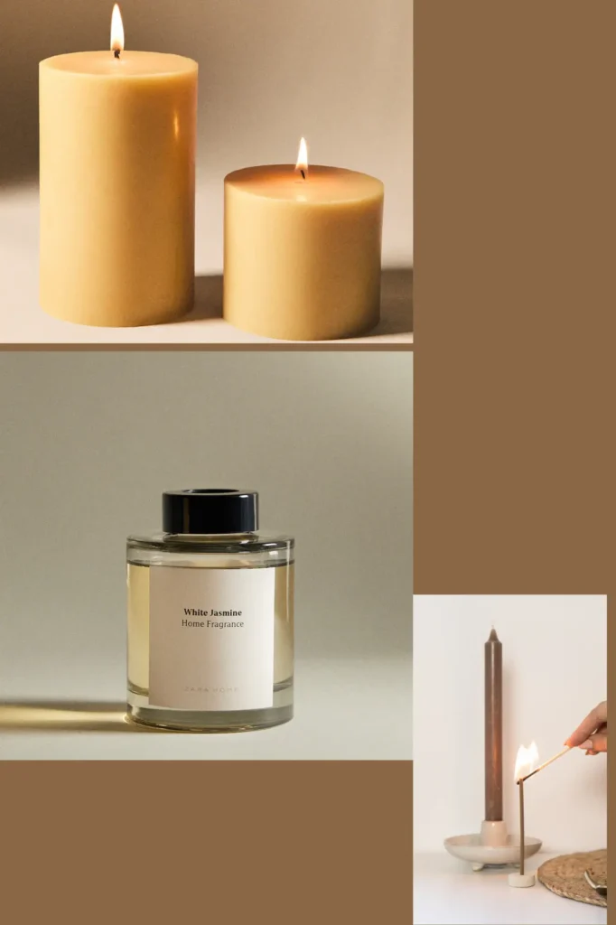 Jasmine-scented candle Jasmine-scented candle with fresh jasmine flowers aromatherapy setup