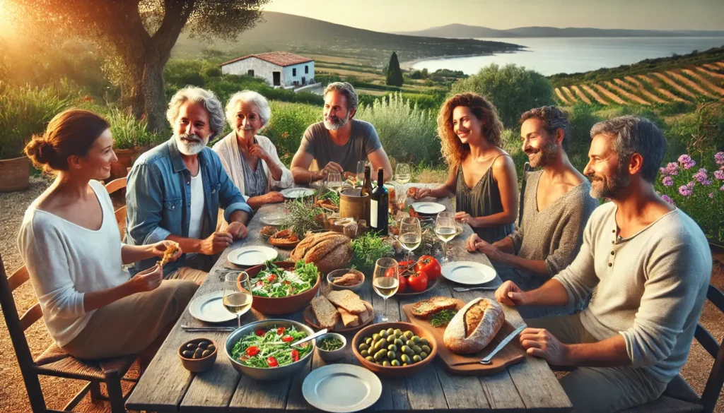 A Mediterranean outdoor scene with people enjoying a meal together.