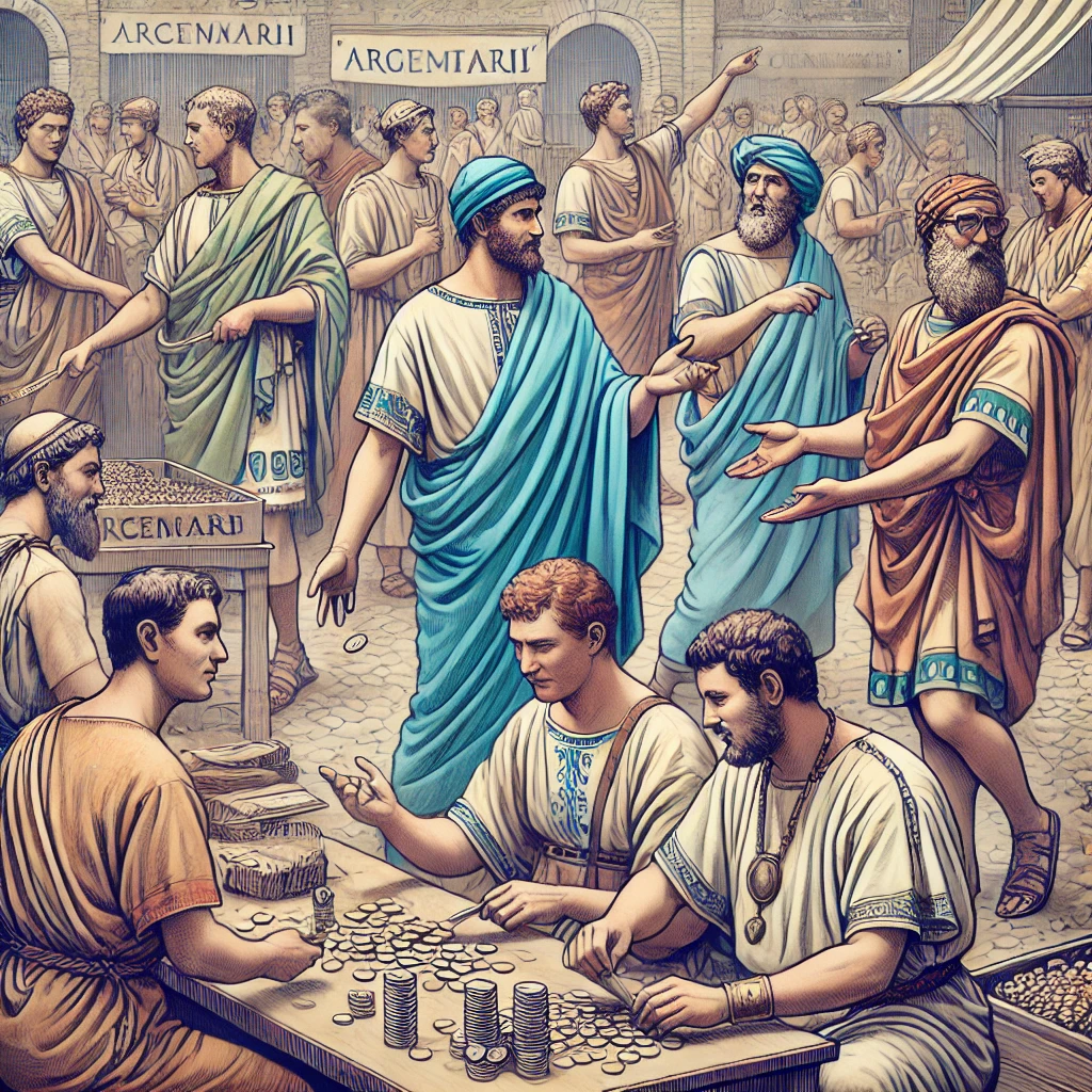 An illustration of Roman bankers and moneylenders, specifically the 'argentarii'