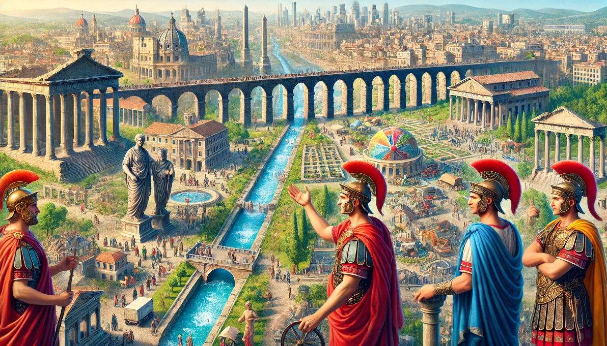 Caligula and Claudius adopting expansive policies in a flourishing ancient city.