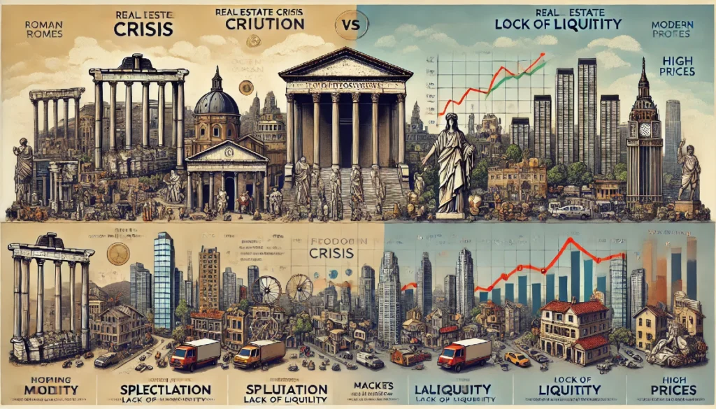 A comparative graphic illustrating the real estate crisis of Ancient Rome and the modern one