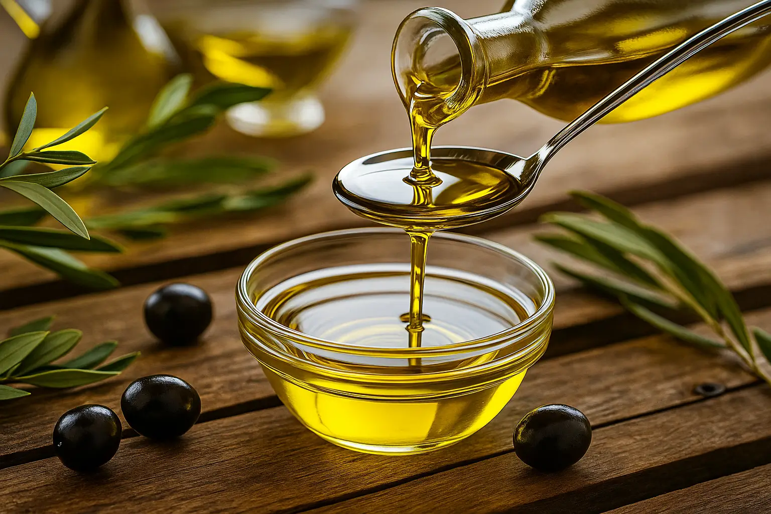 Extra virgin olive oil being poured into a glass bowl on a wooden table with olives and olive branches