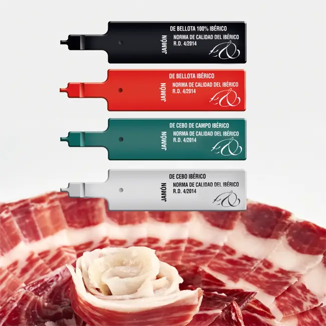 Visual guide showing the four official quality labels for Iberian ham: black, red, green and white seals, according to Spanish regulation