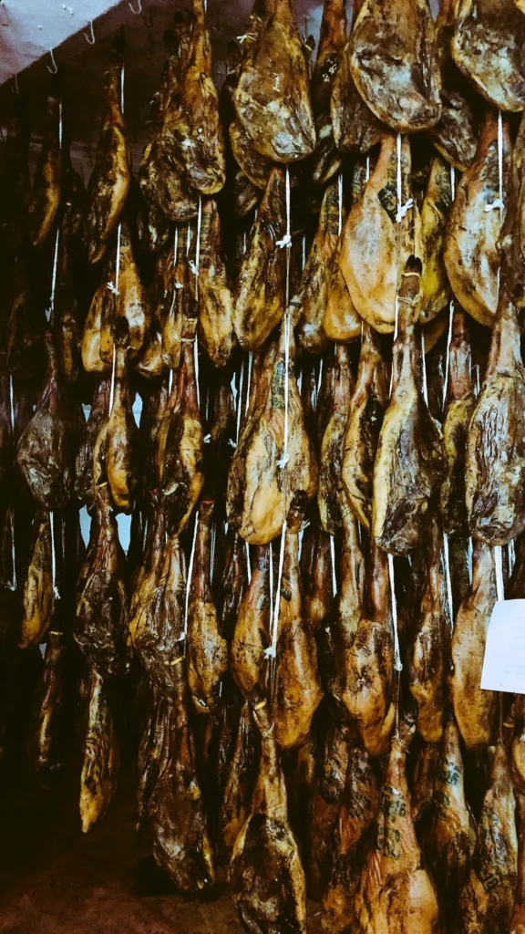 Traditional Iberian Hams Hanging to Cure Rows of Iberian hams hanging in a curing cellar, tied with string, showing the traditional dry-aging process
