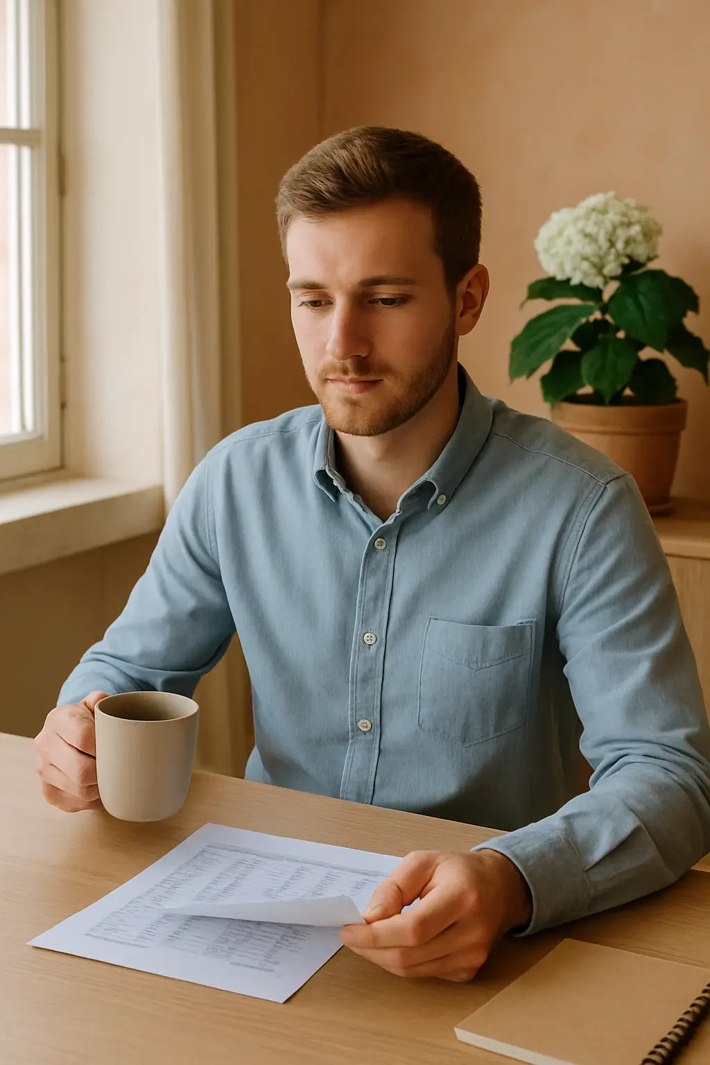 Young man budgeting at home with focus and calm atmosphere