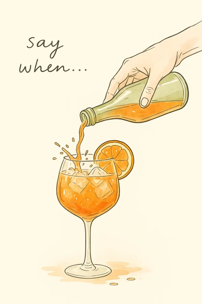 Illustrated Aperitivo Cocktail Being Poured Hand pouring an orange cocktail with ice into a wine glass, Aperol-style