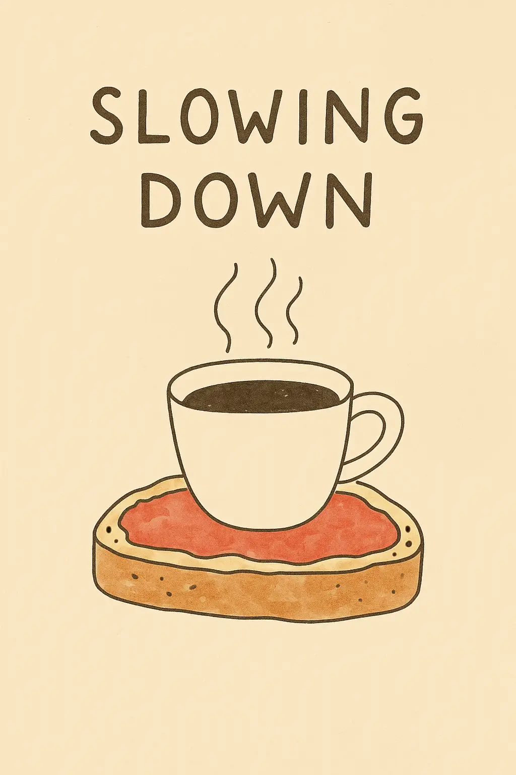 Hand-drawn illustration of a steaming cup of coffee on a toast, evoking a slow Mediterranean morning