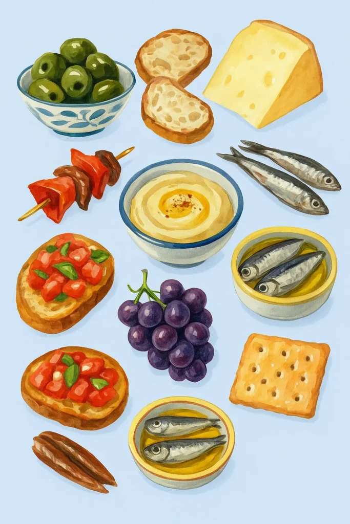 mediterranean-aperitif-snacks-illustration A watercolor-style illustration of typical Mediterranean aperitif snacks like olives, bread, cheese, anchovies, and hummus.