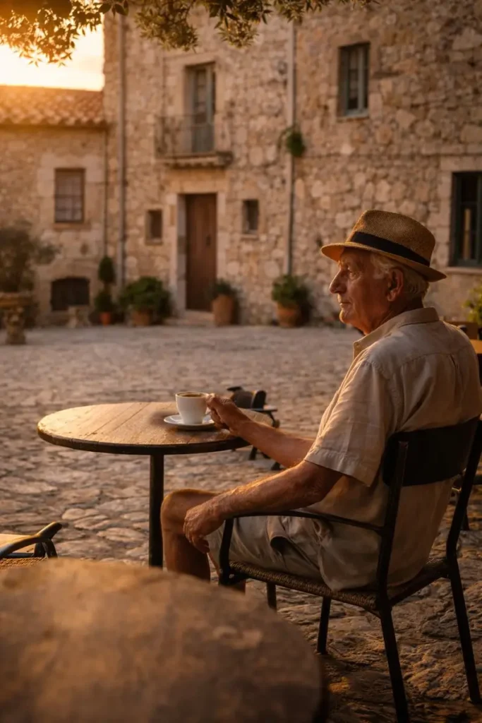 Elderly man drinking Greek coffee at sunset in Mediterranean village square, reflecting the relaxed Ikarian Blue Zone lifestyle
