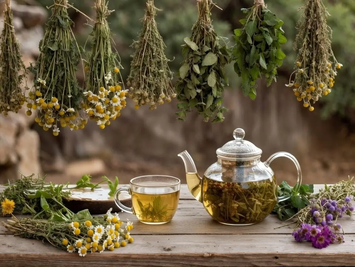 Traditional herbal tea preparation with dried chamomile, sage and mint herbs, a daily ritual linked to Ikarian longevity