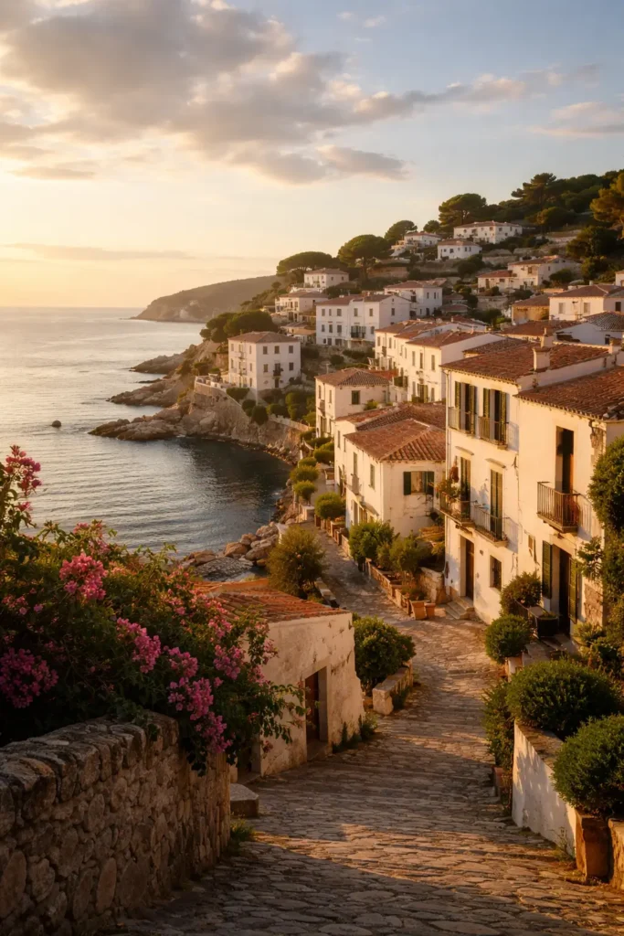 Empty cobblestone street in Mediterranean coastal village at golden hour, overlooking the Aegean Sea, evoking the peaceful rhythm of island life