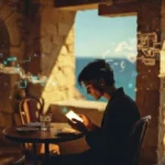 Person at a Mediterranean café contemplating artificial intelligence on a glowing tablet