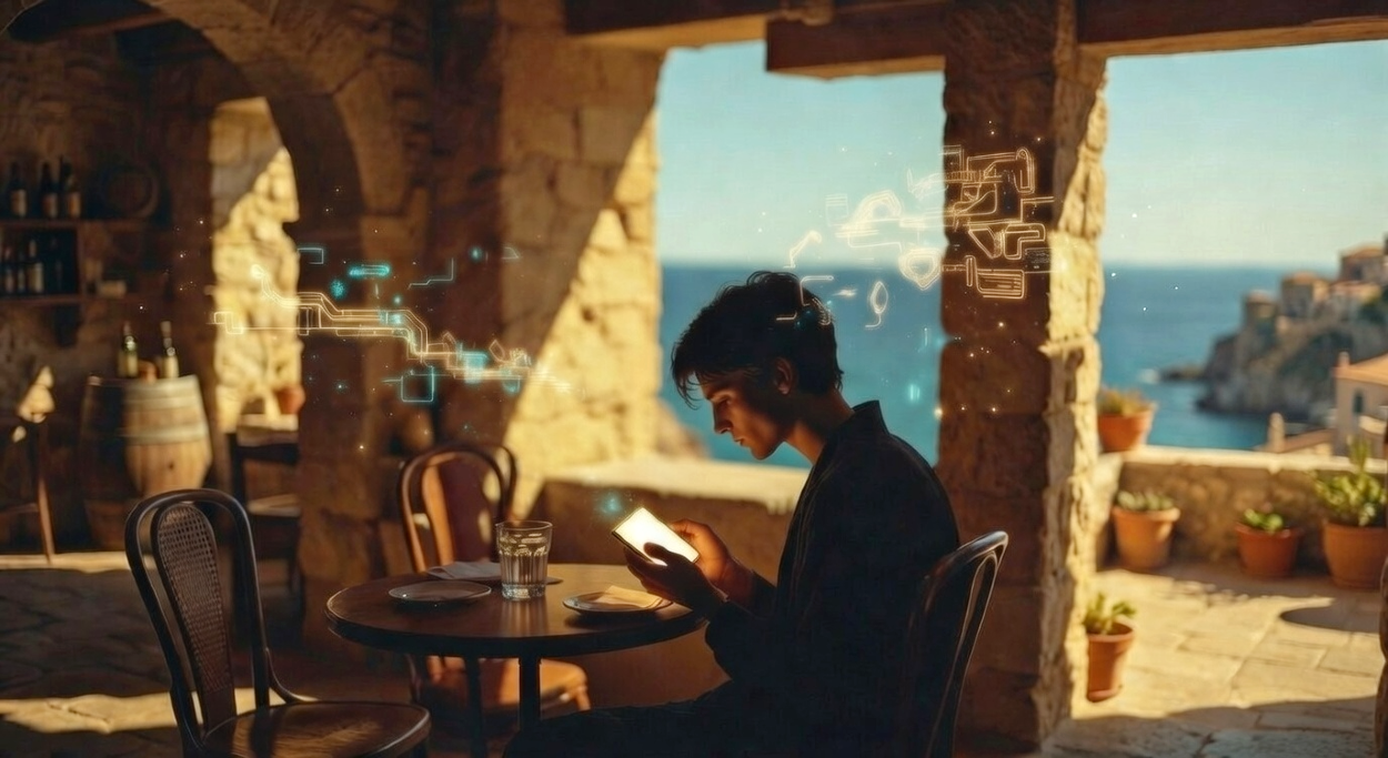 Person at a Mediterranean café contemplating artificial intelligence on a glowing tablet